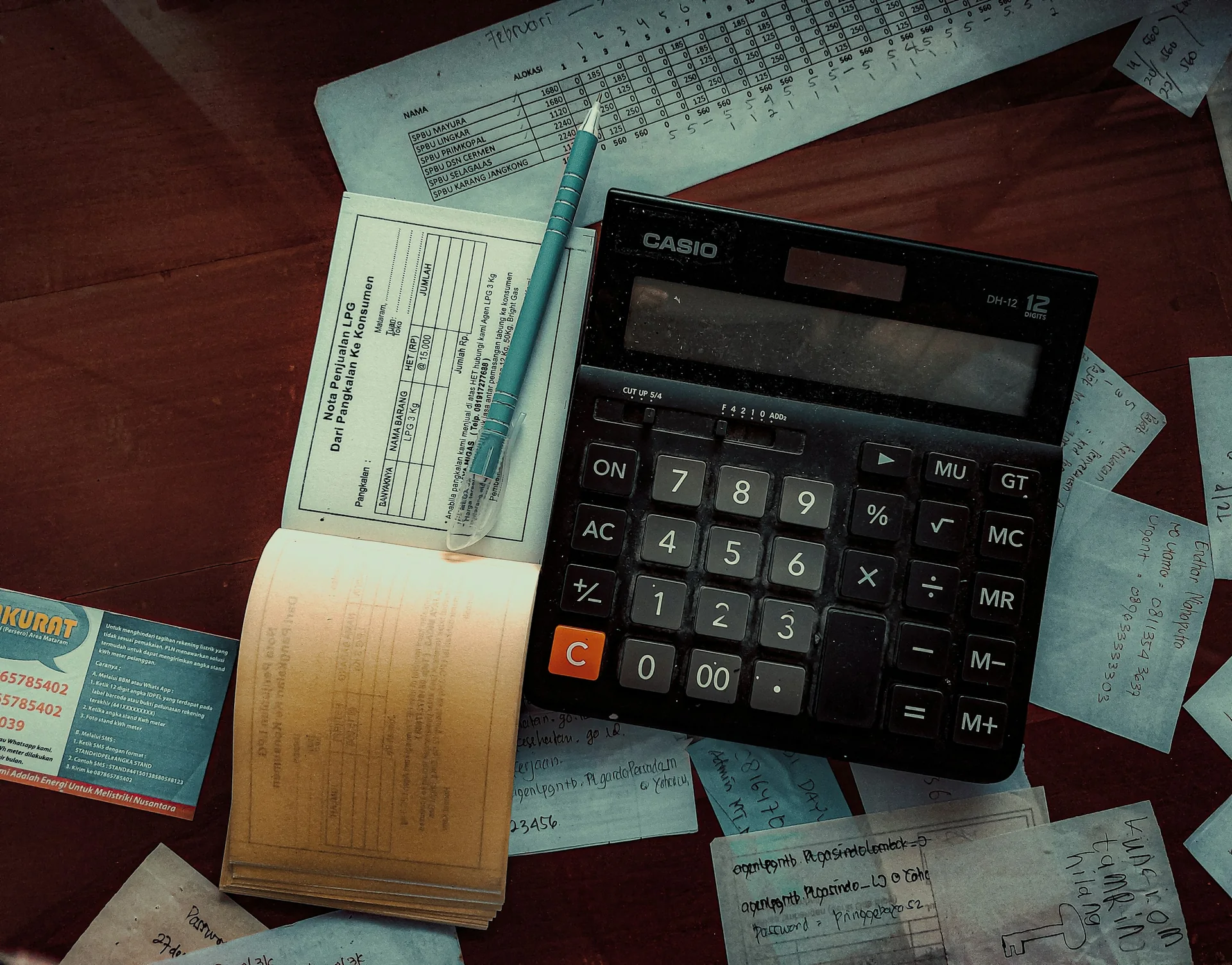 Calculator on a pad of invoices and receipts